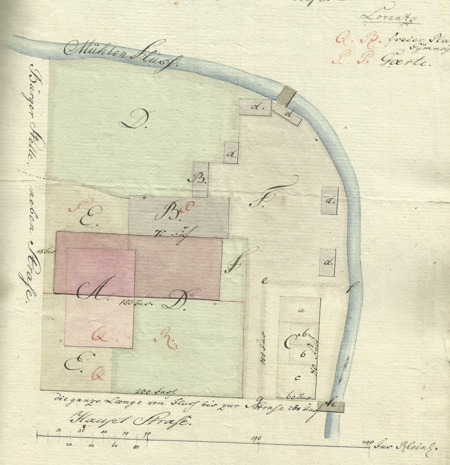Plan sytuacyjny posesji należącej do gimnazjum w Wałczu w 1796 r. (źródło: Archiwum Muzeum Ziemi Wałeckiej w Wałczu).
